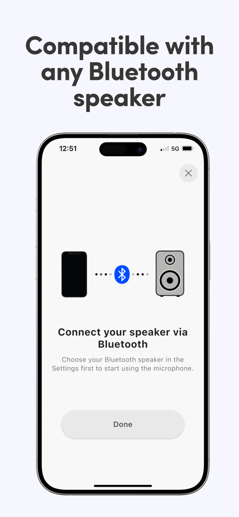 Bluetooth Microphone Live app screen showing compatibility with any Bluetooth speaker for wireless audio streaming.
