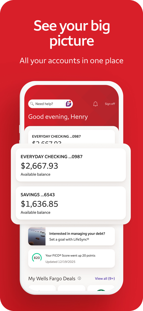 Wells Fargo mobile app interface showing checking and savings account balances and FICO score