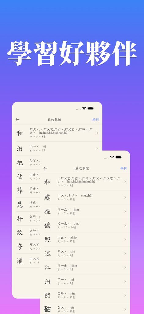 Mandarin Mini Dictionary app interface displaying lists of saved and recently viewed Traditional Chinese characters with Zhuyin and Pinyin