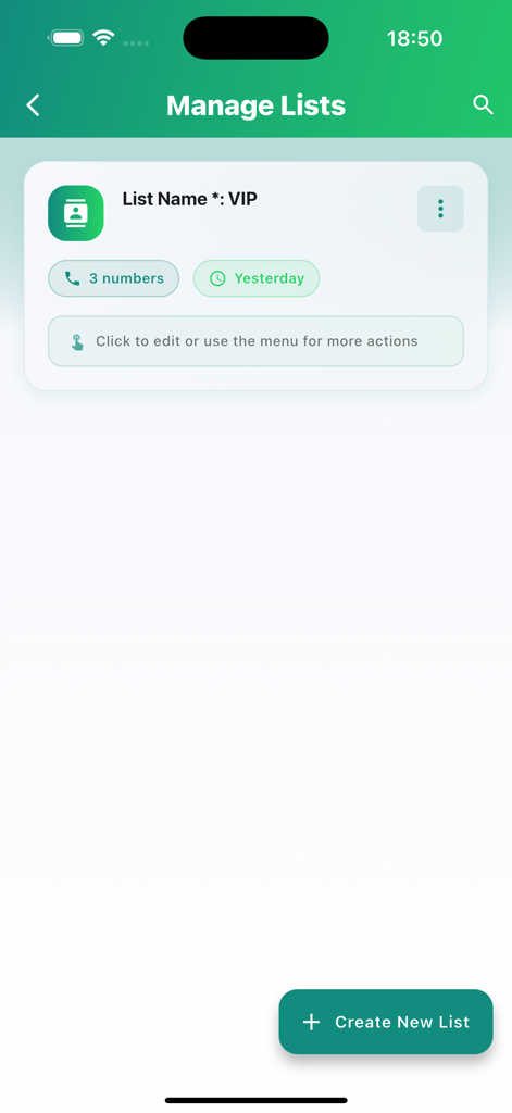 WA Auto - L'interface Gérer les listes de l'application WA Auto montrant une liste de contacts VIP avec trois numéros de téléphone.