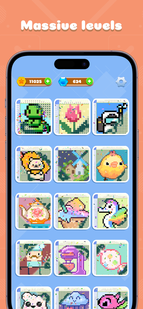 Nonogram - Jigsaw Number Game - A collection of completed pixel art nonogram puzzles in a mobile game interface.