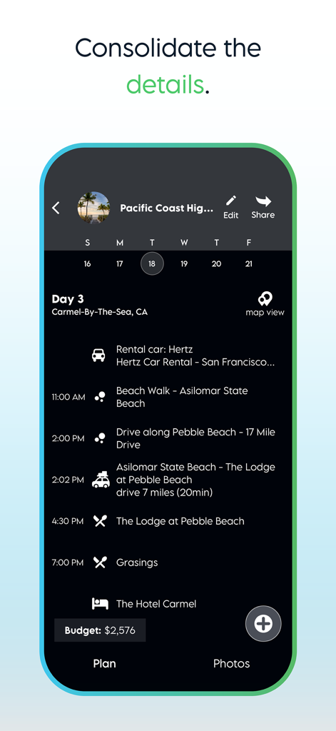 Plan WeGo - Travel Planner - Plan WeGo 앱 인터페이스는 활동 및 예산이 포함된 태평양 연안 고속도로 여행에 대한 자세한 일일 여행 일정을 보여줍니다.