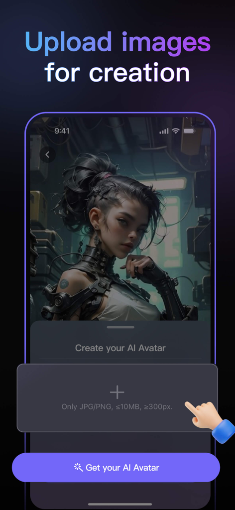 Interface for uploading photos to create a custom AI avatar in the Dreamlux app