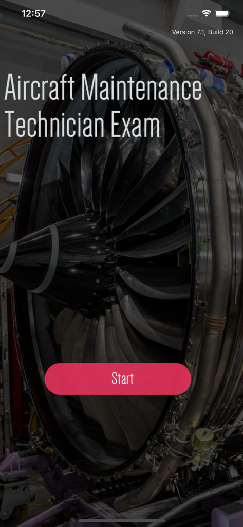 Écran d'accueil de l'application Examen de technicien de maintenance aéronautique montrant un fond de moteur à réaction et un bouton de démarrage