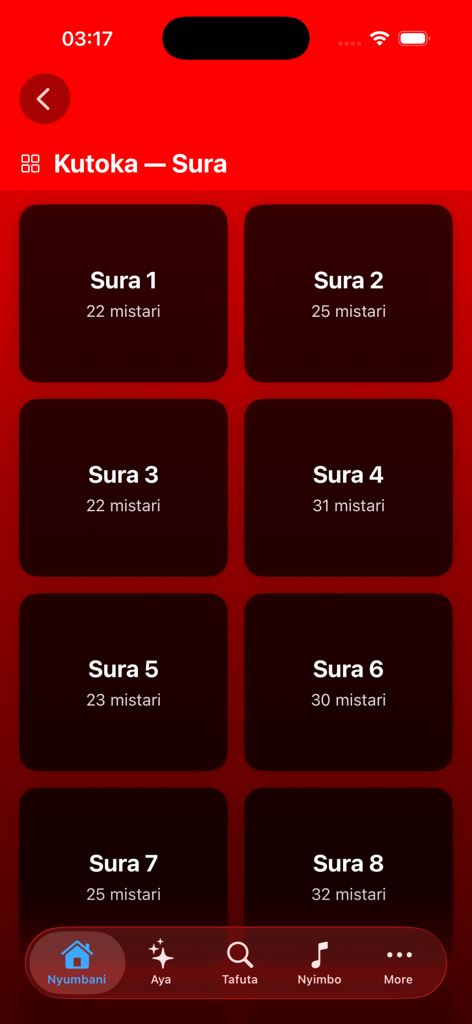 Biblia Takatifu- Swahili Bible - A screen from the Swahili Bible app showing a list of chapters for Exodus with verse counts in a modern card layout.