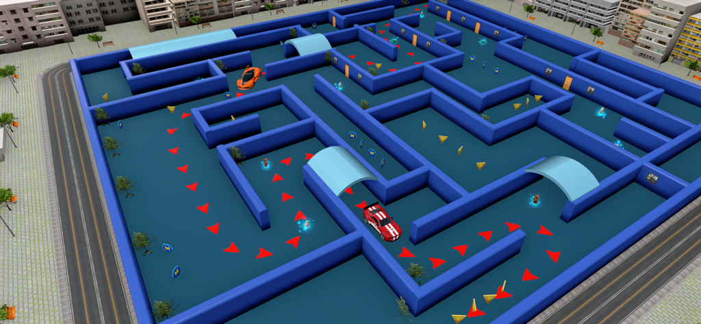 Customs Restore Cars Garage 3D - Cars navigating a large blue 3D maze puzzle to collect parts.
