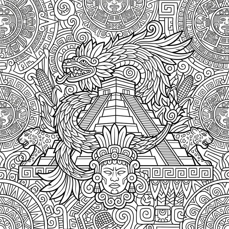 Immerse yourself in the rich history of Mesoamerica with this stunning coloring template. Discover iconic Aztec and Mayan symbols, from feathered serpents to majestic pyramids, all waiting for your creative touch.