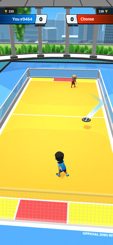 Disc Rivals - Disc Rivals gameplay showing a multiplayer disc match in a high-rise city arena.