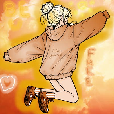realistic girl jumping with a bun and oversized sweatshirt