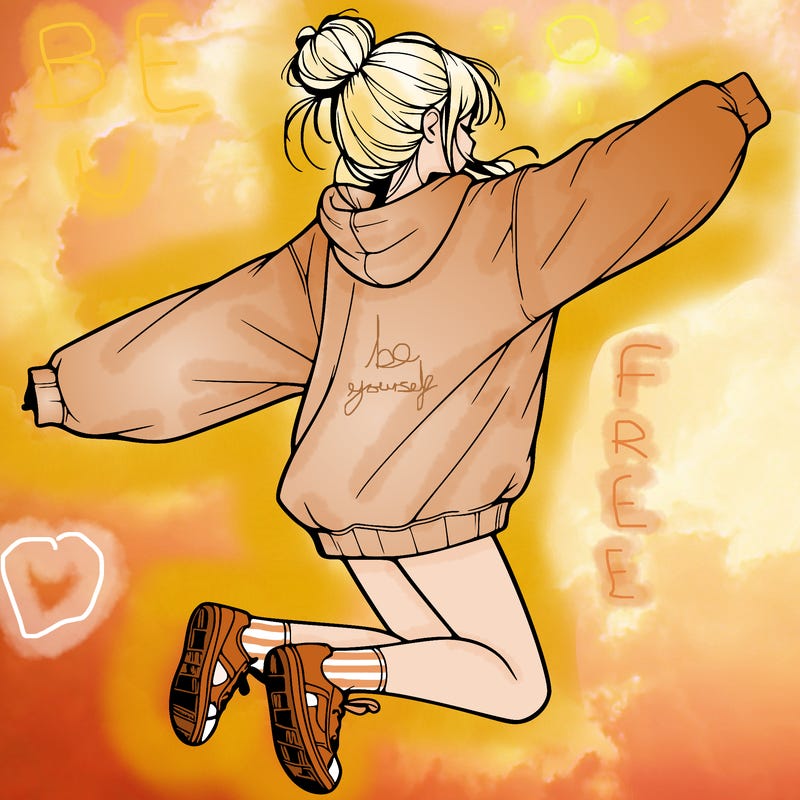 realistic girl jumping with a bun and oversized sweatshirt