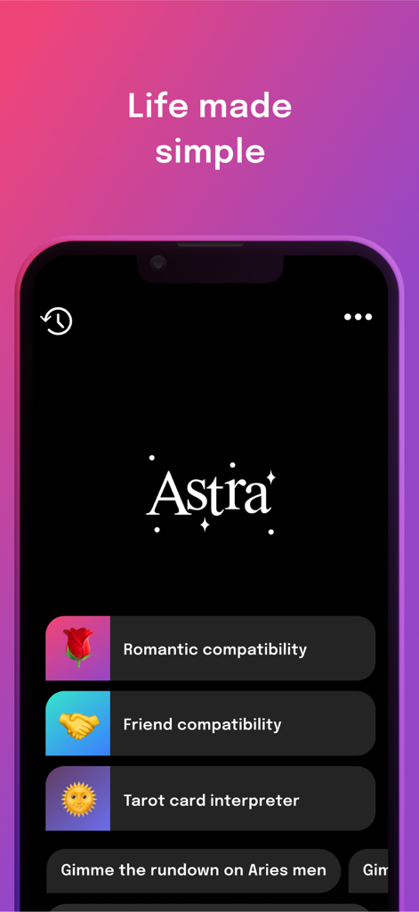 Astra - Life Advice - Astra app home screen showing options for romantic compatibility friend compatibility and tarot card interpretation