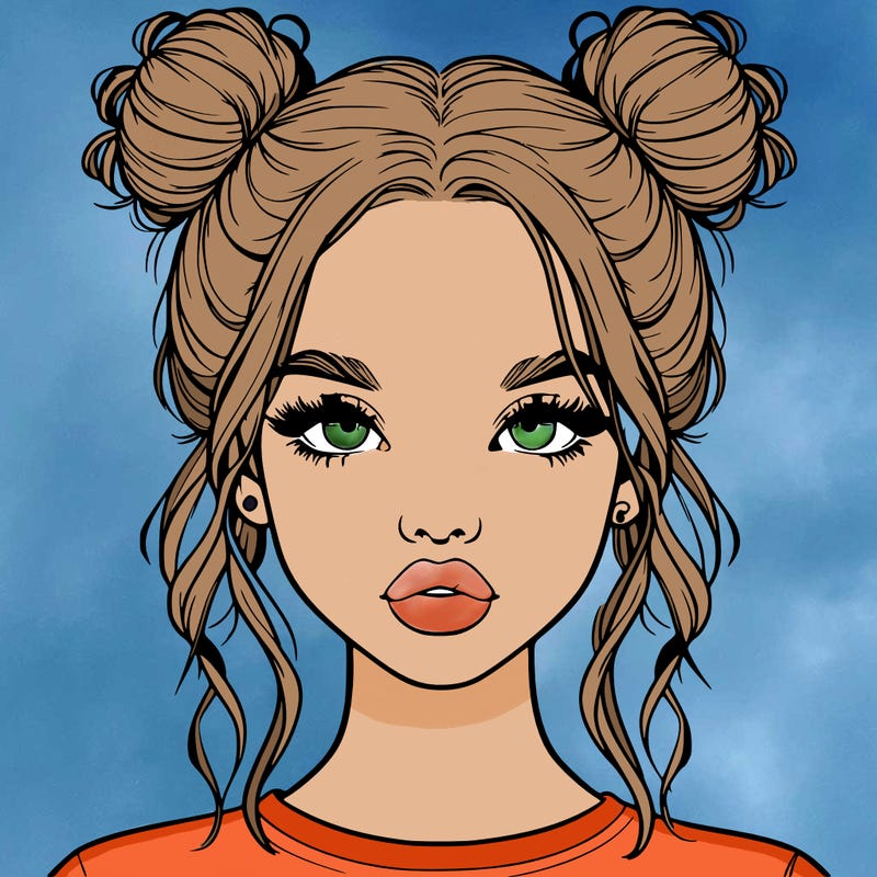 realistic girl with two buns in hair and lips