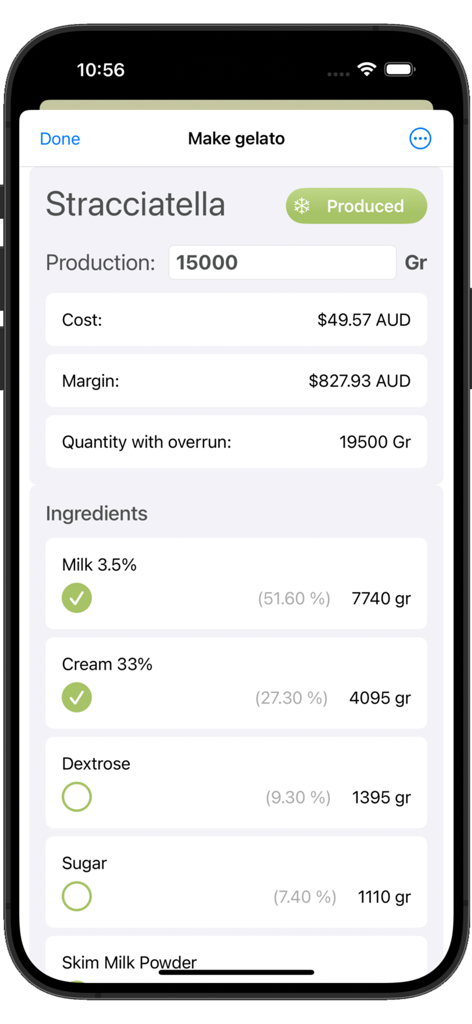 Gelato Maestro Pro: Recipe - Un'interfaccia di app mobile che mostra i margini di profitto dei costi di produzione e i pesi degli ingredienti per una ricetta di gelato Stracciatella