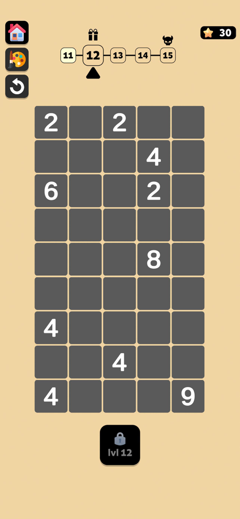 Fill Shikaku - Gameplay interface of Fill Shikaku showing a 5 by 9 grid puzzle with numbers for spatial logic training.