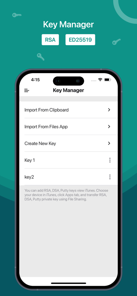 SSH, SFTP Client, iSH, Putty - Key manager interface in the SSH and SFTP client app showing options to import and create security keys like RSA and ED25519.