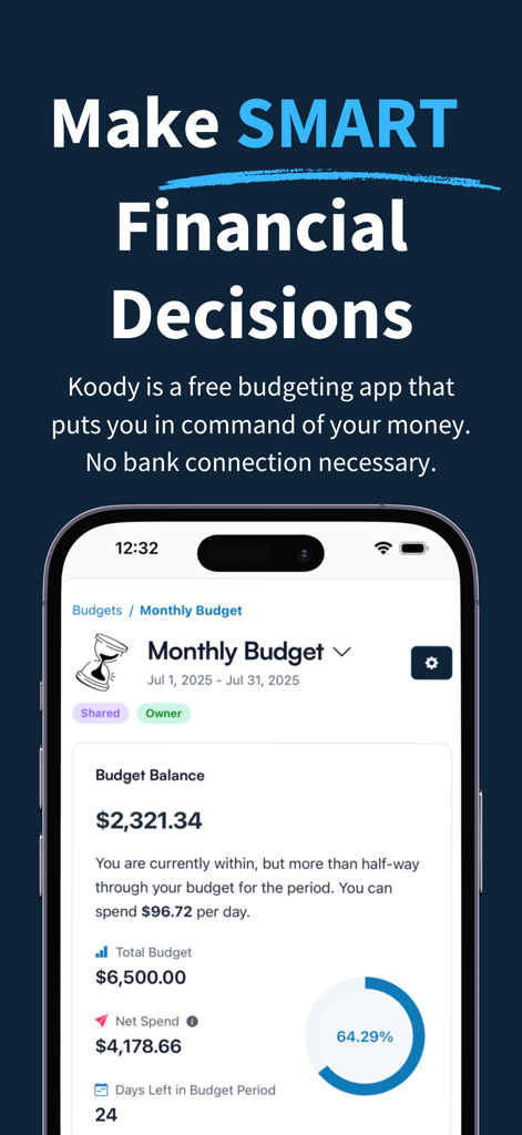 Koody - Budget & Bills Tracker - Screenshot of Koody mobile app showing a monthly budget dashboard with total budget, net spend, and a progress circle.