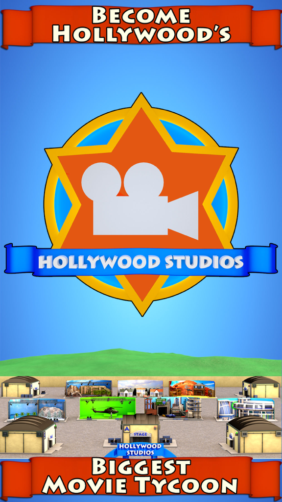 Hollywood Studios Tycoon Game screen showing a 3D movie studio lot with sound stages and backlots.