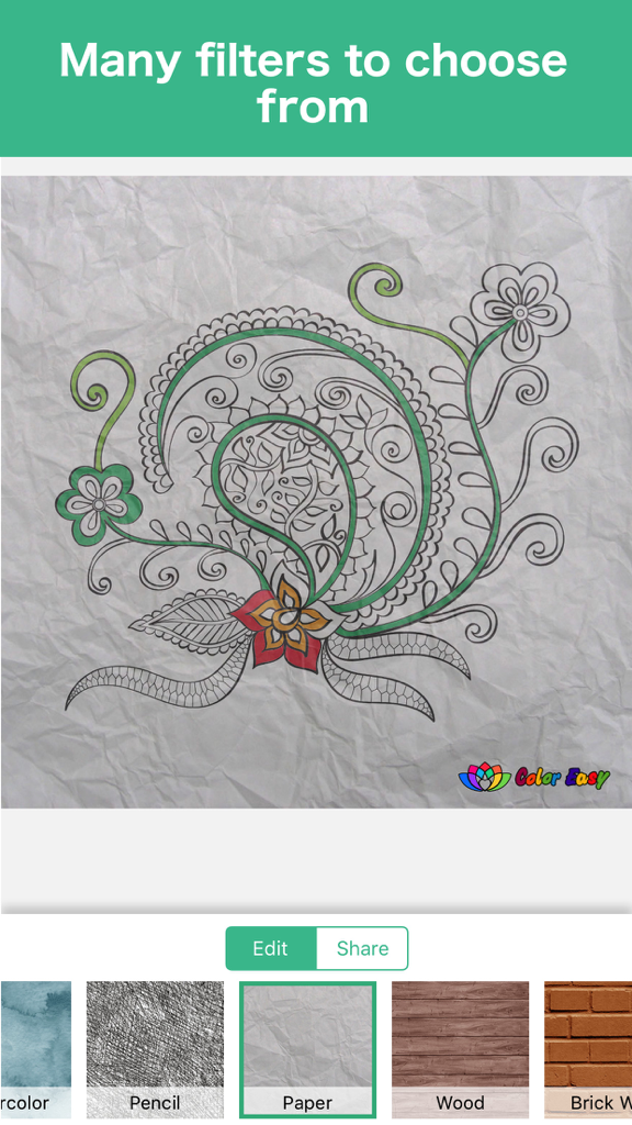 Color Easy: Coloring Book - Digital coloring book interface showing a floral design with a paper texture filter applied.