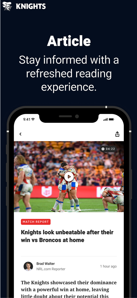 A screenshot of the Newcastle Knights app article screen featuring a match report and video highlights.