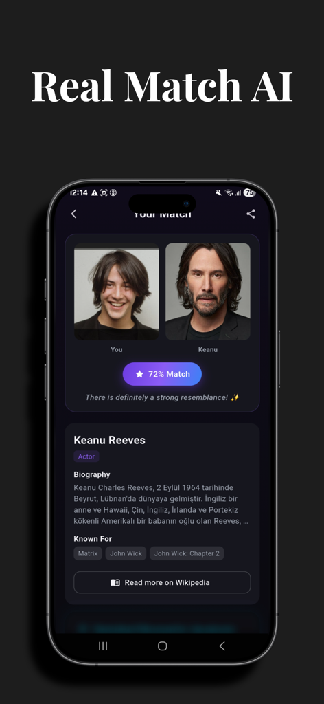 Lookalike Finder - A screenshot of the Lookalike Finder app showing a 72 percent facial match between a user and actor Keanu Reeves with a biography section.