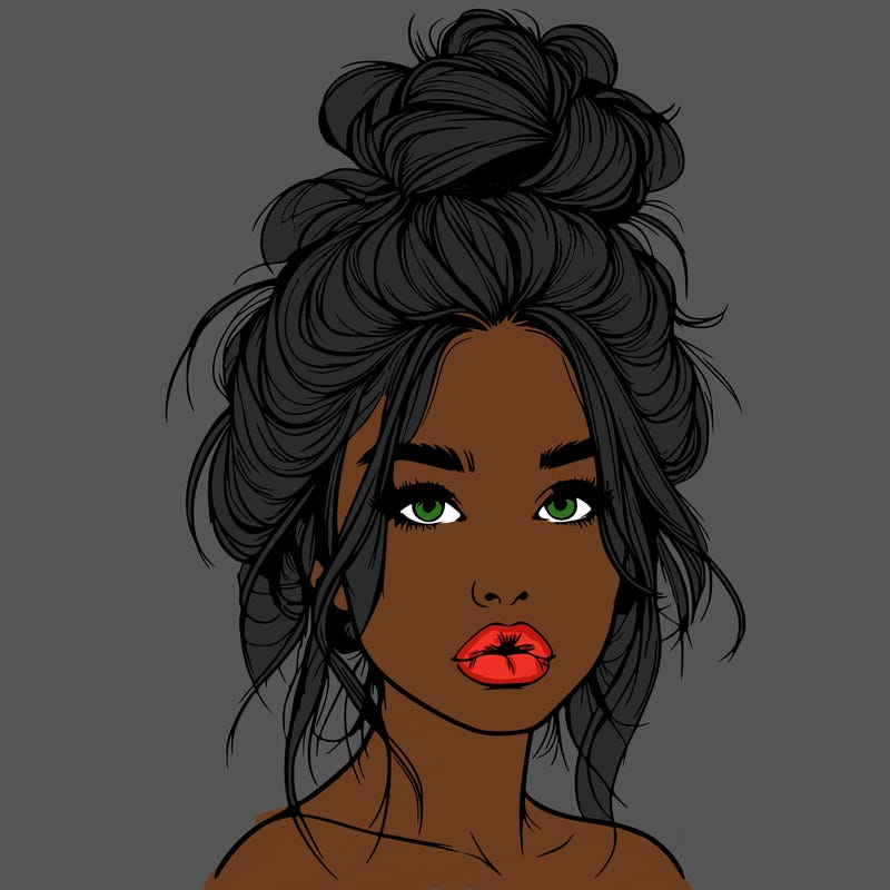 realistic girl with a messy bun and she has lips