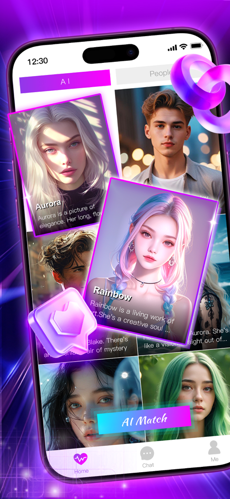 MetaChat mobile app interface displaying a selection of AI character profiles for social matching.