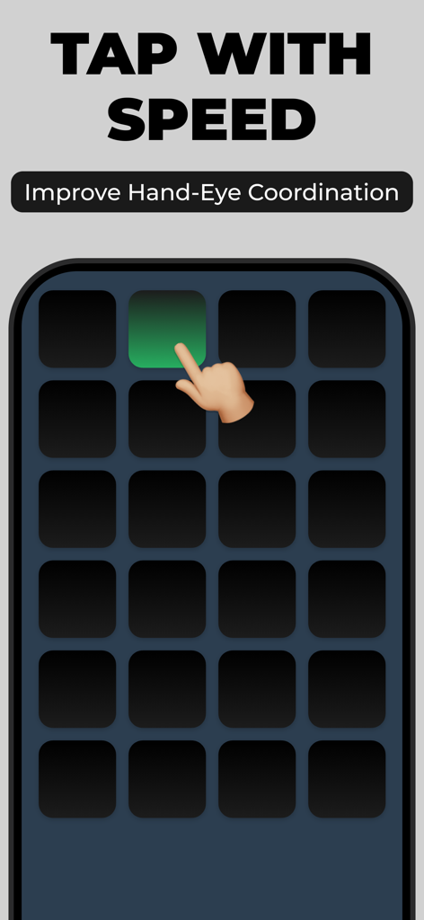 Pantalla de la aplicación Reflex Test que muestra una cuadrícula de cuadrados con una mano tocando un cuadrado verde para mejorar la coordinación mano-ojo