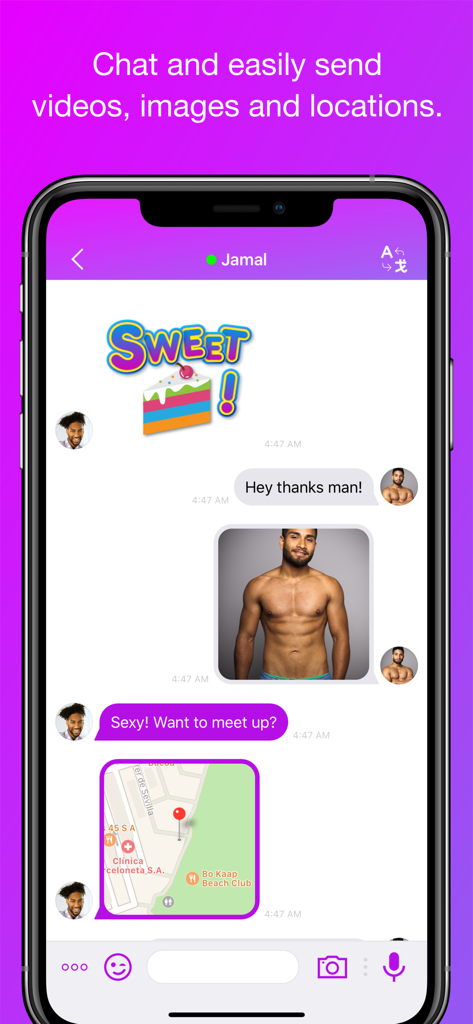 Shuggr app chat screen showing a messaging conversation with stickers photos and location sharing