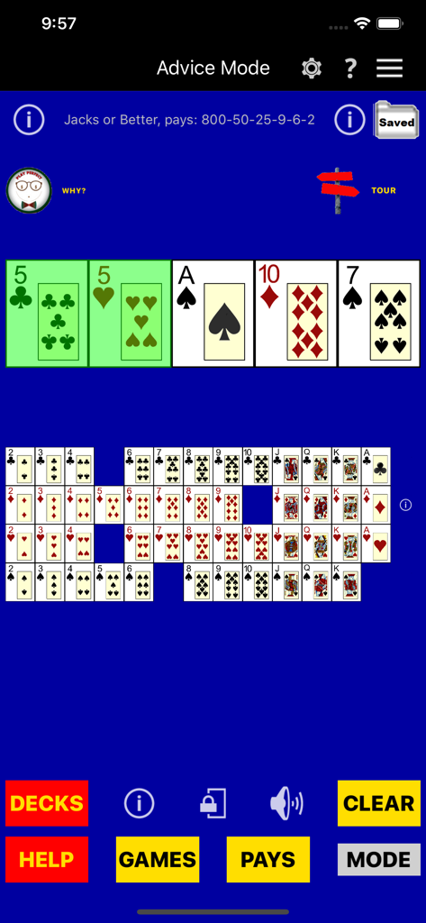 Oberfläche der Play Perfect Video Poker Lite App, die den Advice Mode zeigt, in dem der Benutzer zur perfekten Hand für eine Kartenhand in Jacks or Better beraten wird