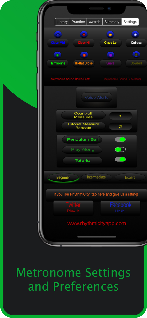 Rhythm Trainer by Rhythmicity - Metronome settings and preferences screen in the Rhythm Trainer app showing percussion sound options and difficulty levels