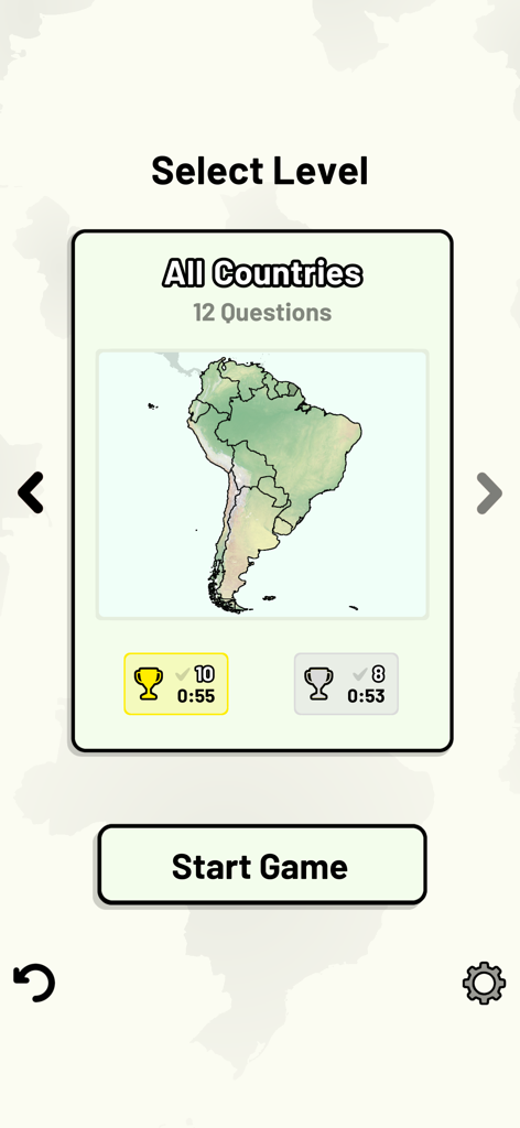 Level selection screen in the South American Countries Quiz app featuring a map of South America and a start game button