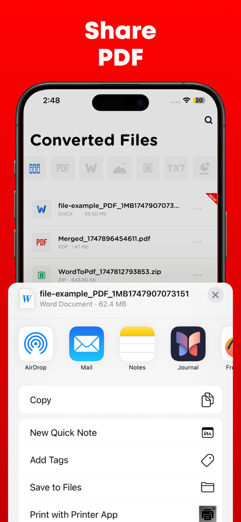 iPhone-Oberfläche, die die Freigabeoptionen für ein konvertiertes PDF-Dokument zeigt