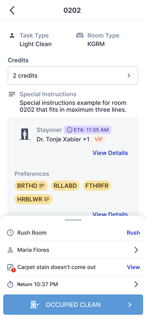 Alice by Actabl - Alice by Actabl mobile app screen showing hotel housekeeping task details and VIP guest information