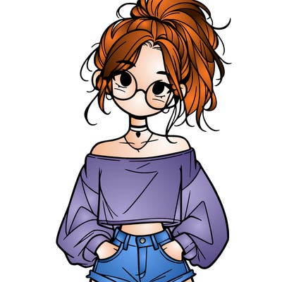 girl with a messy ponytail glasses a baggy crop top and jean shorts