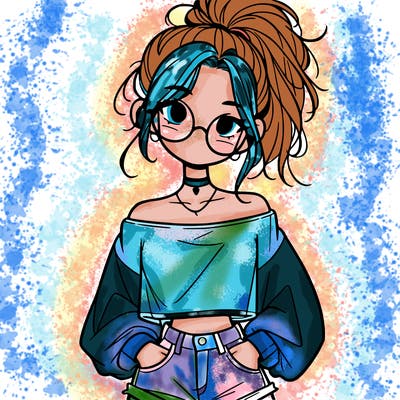 girl with a messy ponytail glasses a baggy crop top and jean shorts