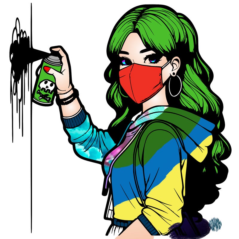 realistic girl with mask spray painting a wall