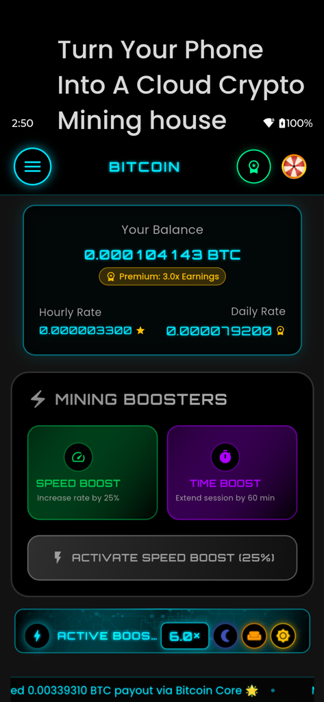Bitcoin Mining - BTC Miner - Bitcoin Miner app dashboard showing virtual earnings balance and mining boosters for cloud crypto mining
