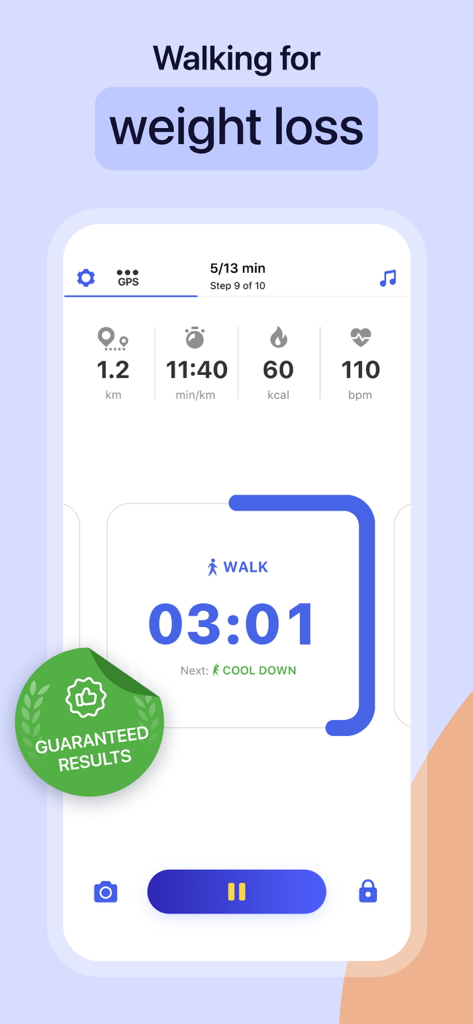 Weight Loss Walking by Slimkit - Pantalla del smartphone que muestra métricas de entrenamiento de caminata, incluyendo distancia, ritmo, calorías y frecuencia cardíaca