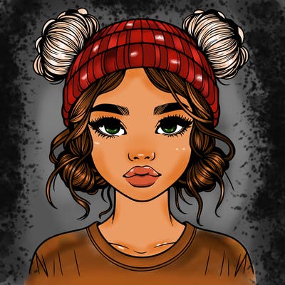 realistic girl with buns in her hair with a beanie on