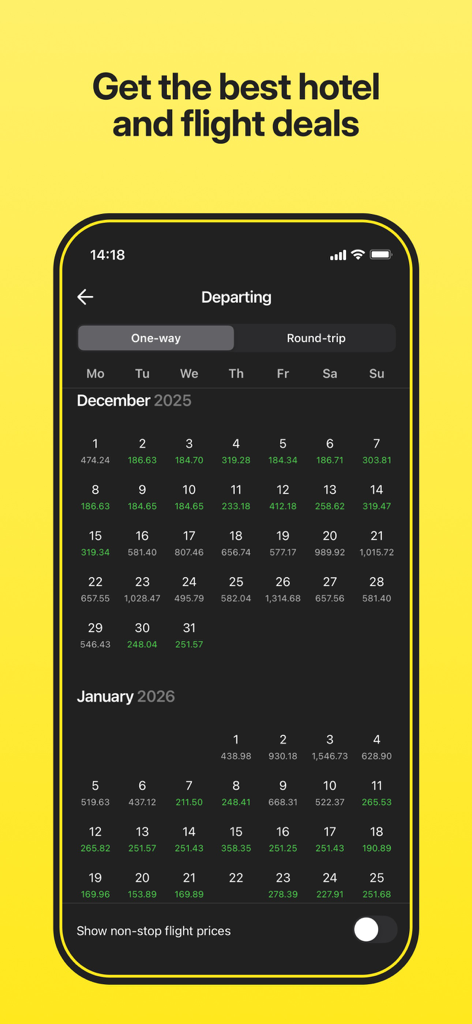 OneTwoTrip Flights and Hotels - OneTwoTrip mobile App Flugbuchungskalender zeigt tägliche Preise für einfache oder Hin- und Rückflüge.