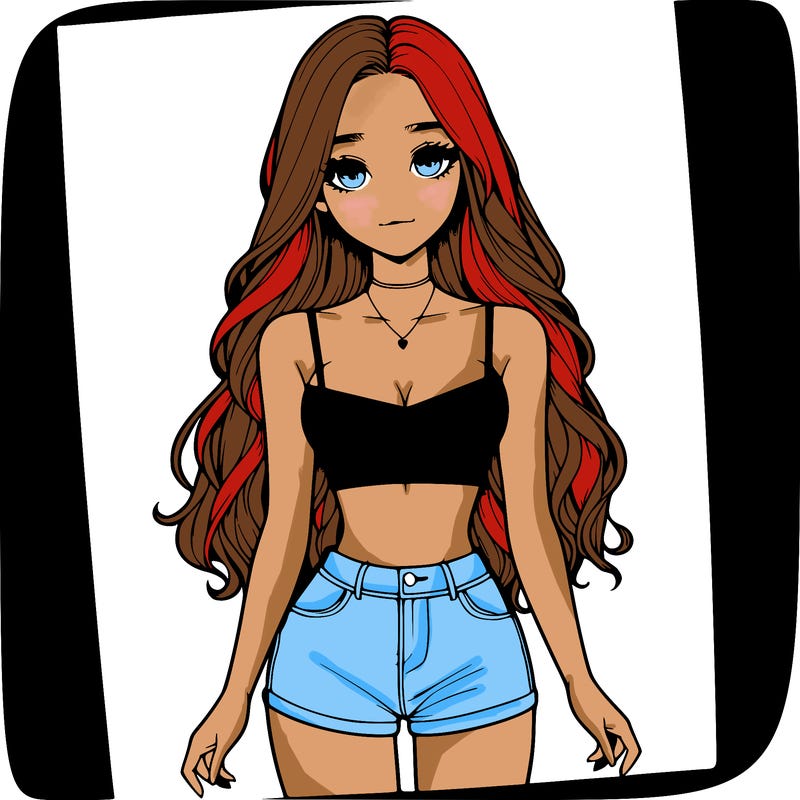 a realistic girl with long hair and in a crop top and shprts