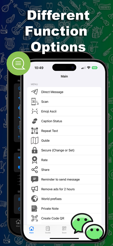 Duo Messenger Web Clone Plus - Menú principal de la aplicación Duo Messenger que muestra varias funciones como Mensaje Directo, Escaneo y herramientas de Texto