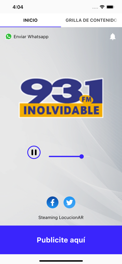 Inolvidable FM 93.1 - La pantalla de inicio de la aplicación Inolvidable FM 93.1 con el logo de la estación y los controles de reproducción de audio.