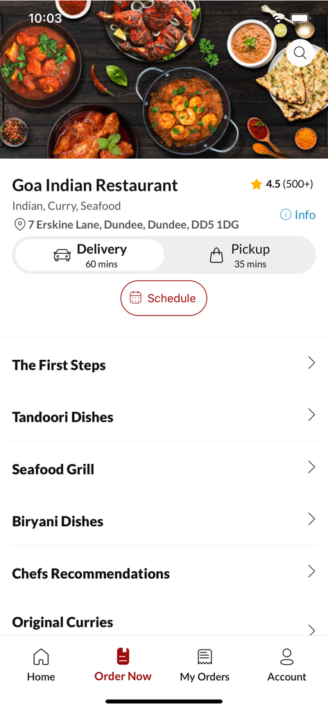 Goa Indian Restaurant Dundee - Home screen of the Goa Indian Restaurant Dundee app featuring menu categories and delivery options
