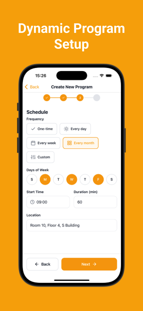 Attendance Tracker Offline - Attendance Tracker Offline app interface for creating a new program schedule showing frequency time and location settings