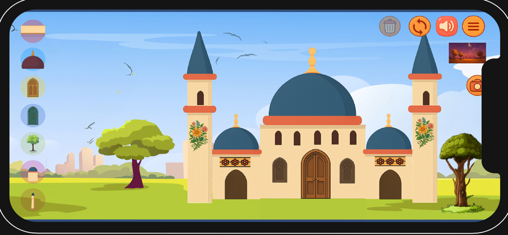 Build Your Mosque - Digital mosque building game interface featuring colorful domes and minarets in a landscape setting.