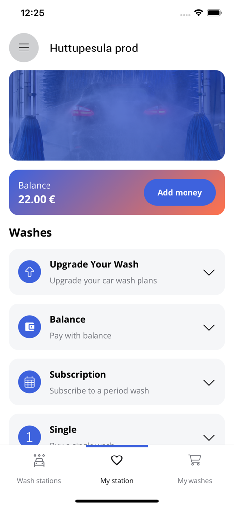 Easy Wash - Easy Wash Mobile App-Oberfläche, die das Benutzerguthaben und die Optionen für Autowaschabonnements anzeigt