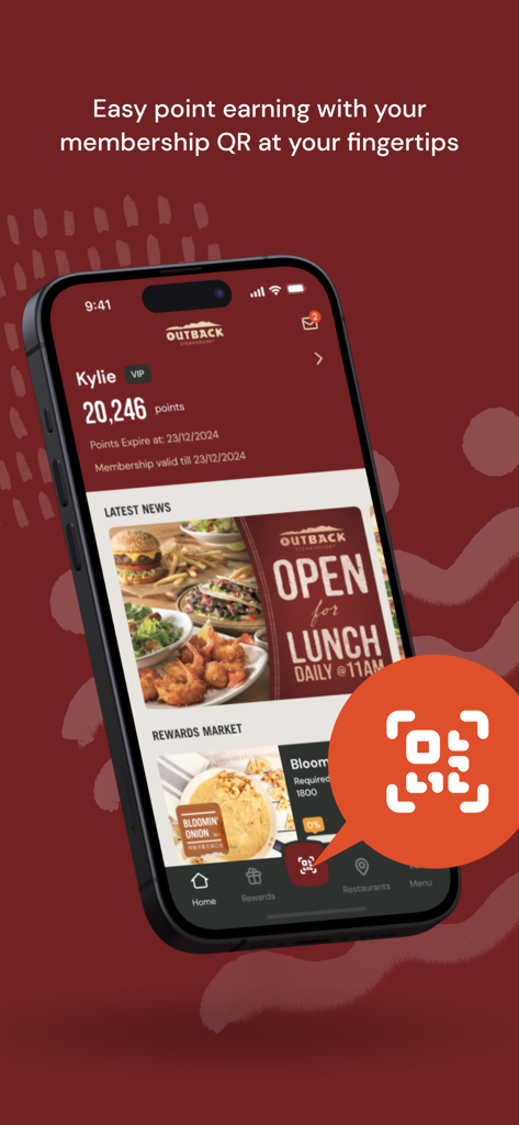 Outback Steakhouse Hong Kong mobile app showing membership points and QR code for rewards