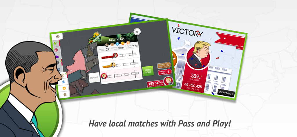 270 | Two Seventy US Election - Gameplay screens from Two Seventy US Election showing candidate campaigns and victory screen