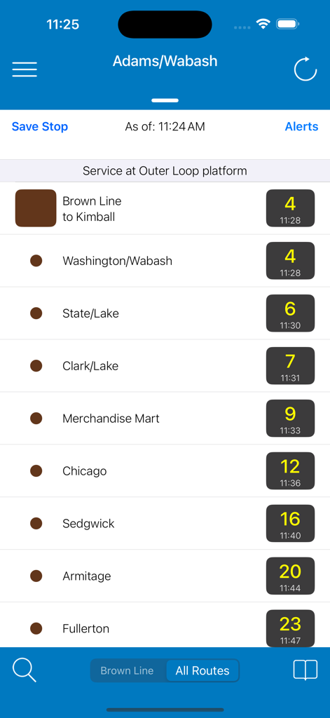 Estimaciones de llegadas en tiempo real para la Línea Marrón CTA de Chicago en Adams Wabash station